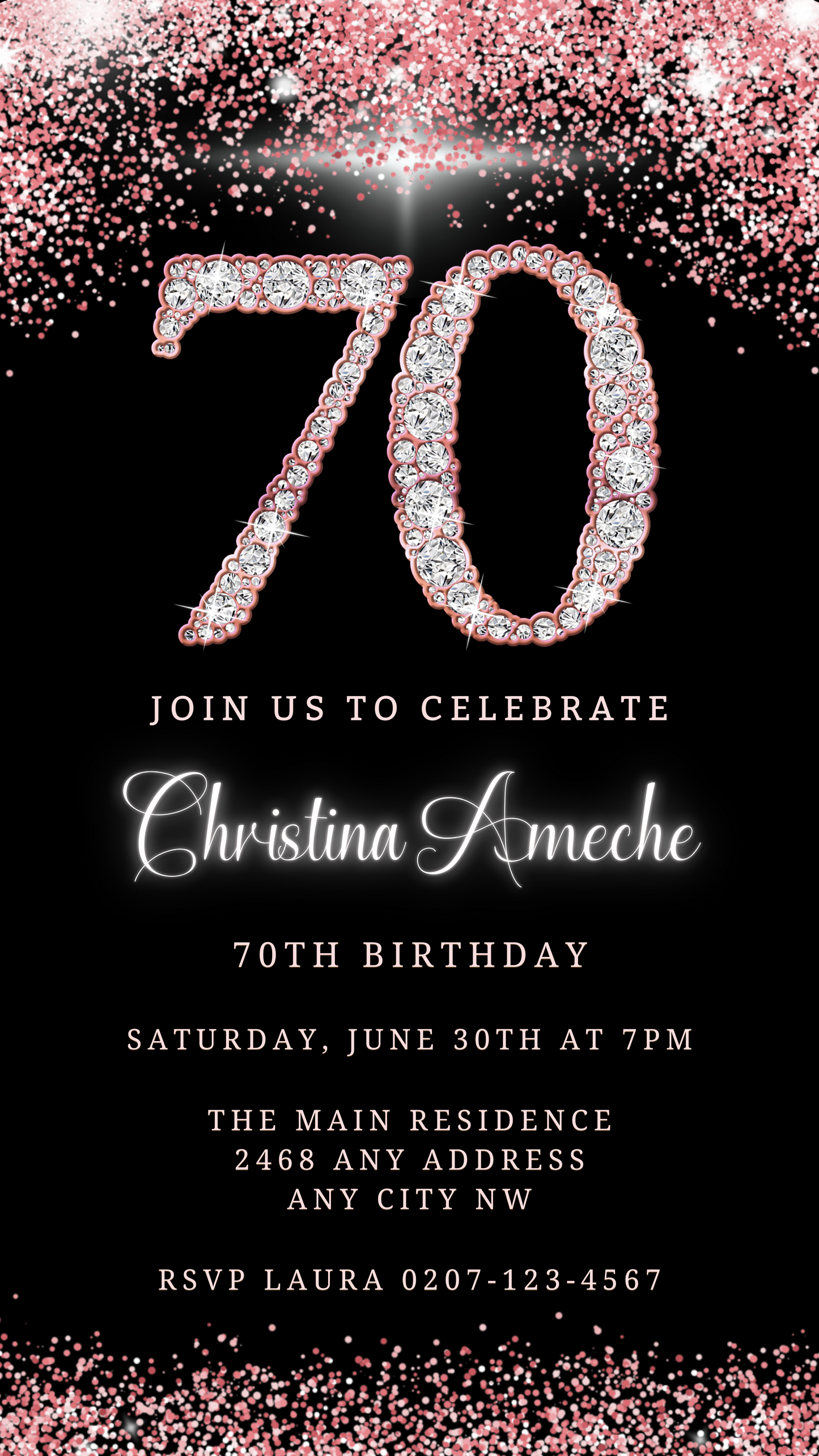 Black and white 70th birthday evite with customizable rose gold diamond glitter text, designed for easy personalization and digital sharing via Canva.