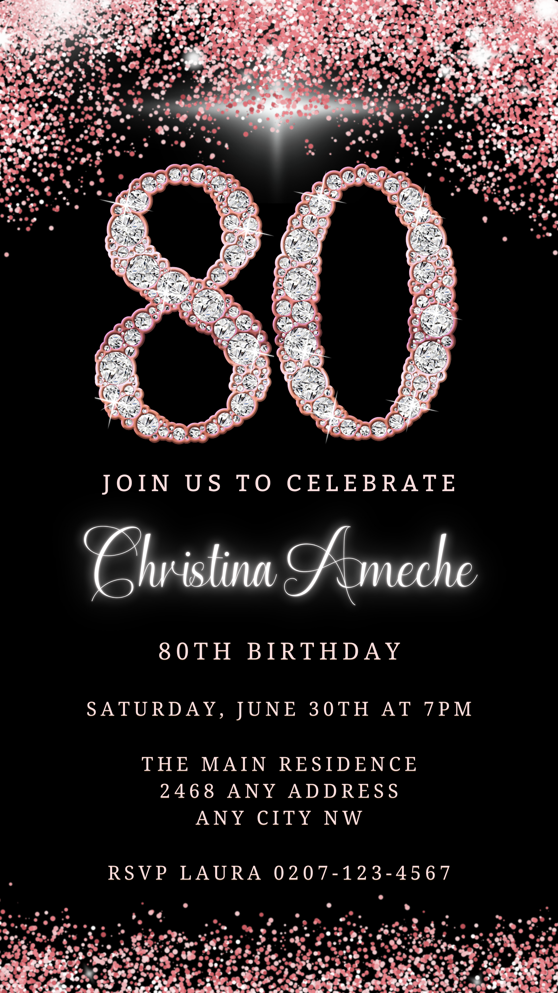 Rose Gold Diamond Glitter 80th Birthday Evite featuring customizable diamond number, black and gold design, editable text, and digital download for electronic sharing via smartphone.