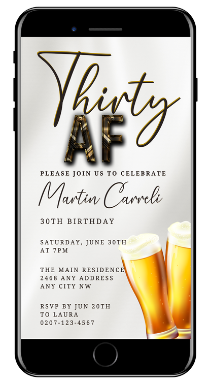 Digital White Gold Beer | Thirty AF Party Evite displayed on a smartphone screen with customizable text and beer-themed design elements.