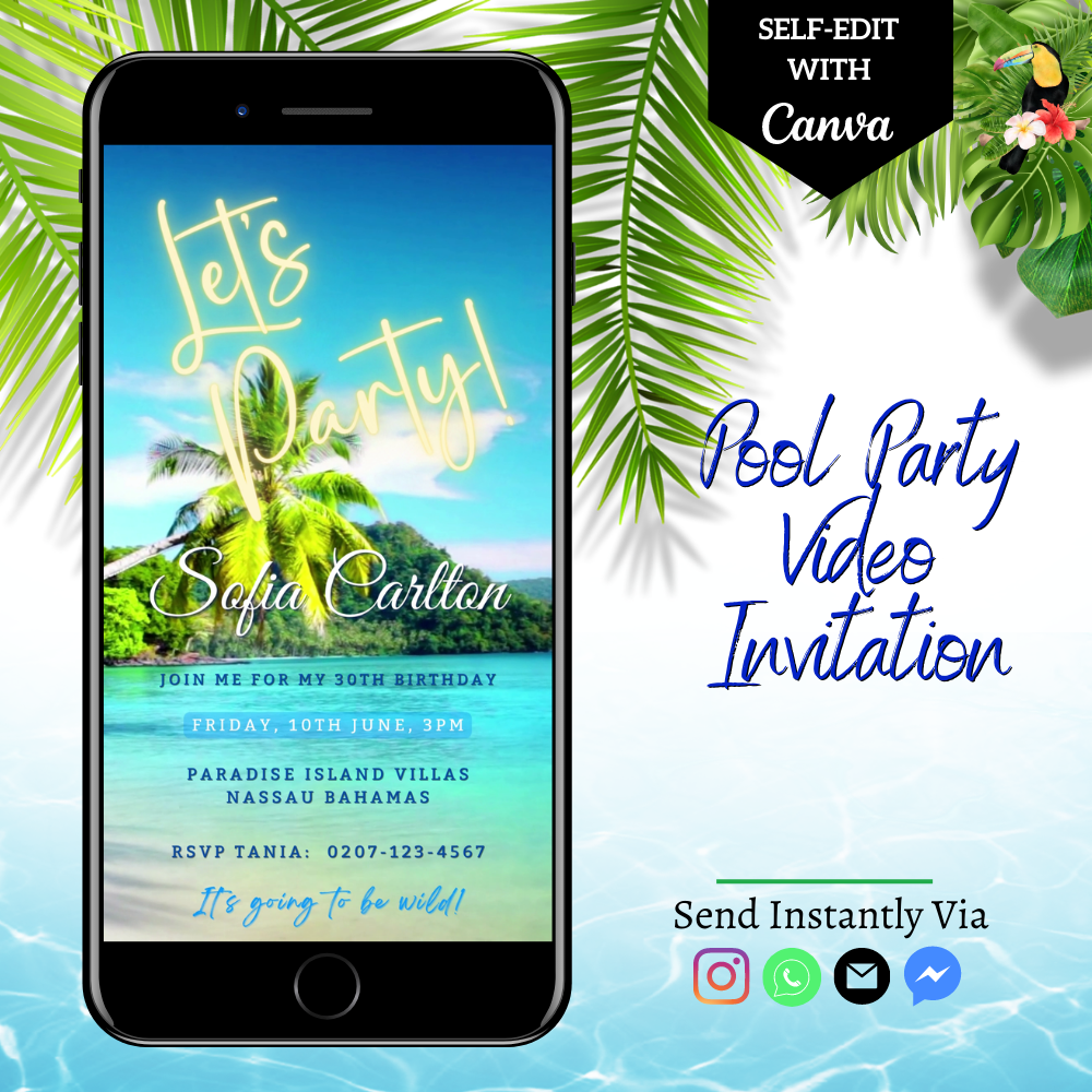 Customizable Beach Shore Island Let's Party video invitation template displayed on a smartphone screen, featuring a beach scene with palm trees.