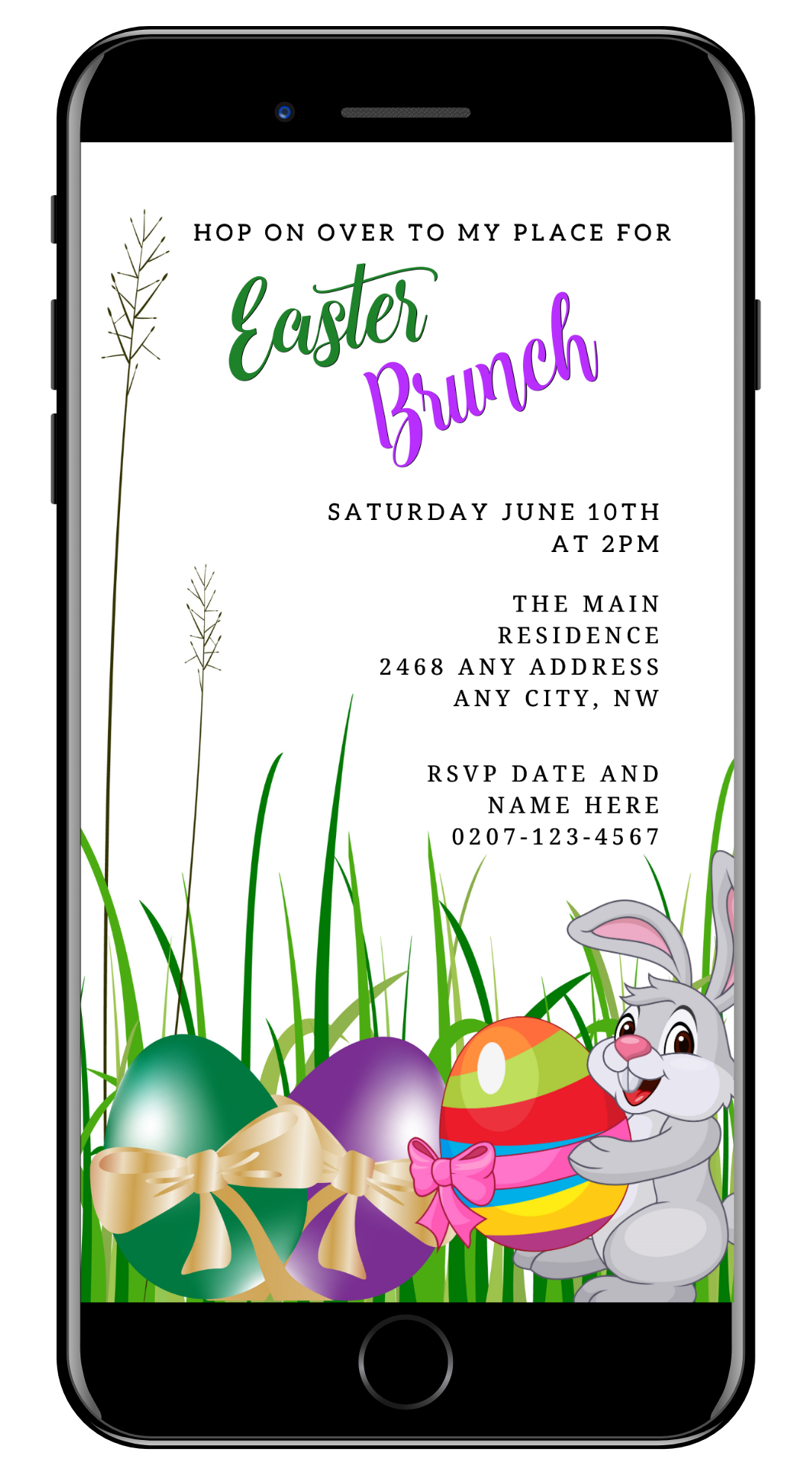 Cute Bunny & Colourful Easter Eggs | Easter Party Evite displayed on a smartphone screen, featuring a cartoon bunny holding an egg with editable text.