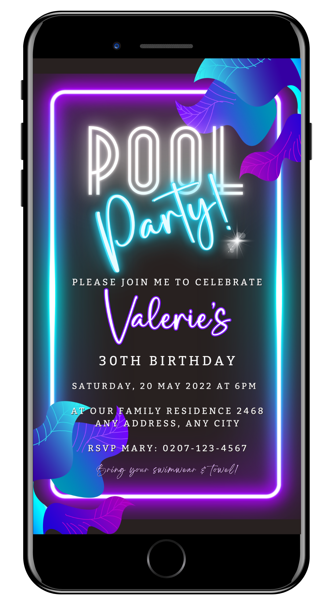 Neon Pool Party | Digital Invite displayed on a smartphone with customizable neon-themed text, perfect for creating and sharing personalized event invitations.