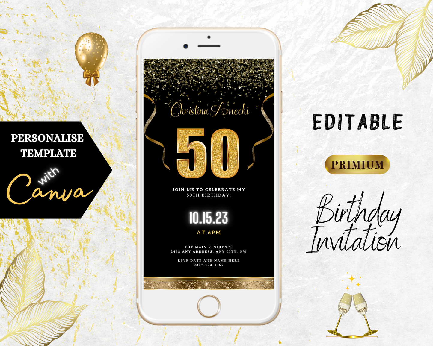 Black Gold Confetti 50th Birthday Evite displayed on a smartphone, featuring customizable text and design elements for a celebratory invitation.
