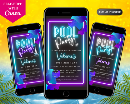 Group of smartphones displaying customizable Neon Pool Party digital invitations, ideal for quick personalization and electronic sharing via Canva.