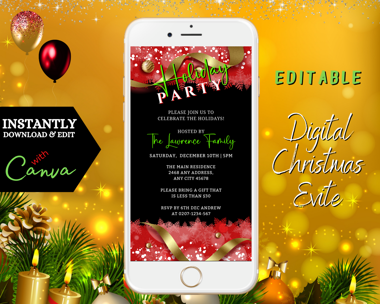 White smartphone displaying an editable Red Black Gold Ornament Holiday Party Evite template, featuring customizable text and elements for easy personalization via Canva.