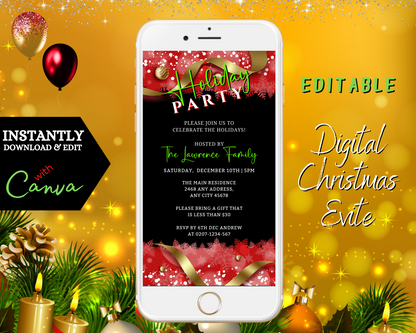 White smartphone displaying an editable Red Black Gold Ornament Holiday Party Evite template, featuring customizable text and elements for easy personalization via Canva.