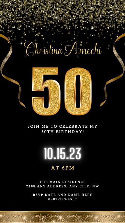 Black Gold Confetti 50th Birthday Evite: Customizable digital invitation with gold text and ribbons. Ideal for smartphone use, editable via Canva.