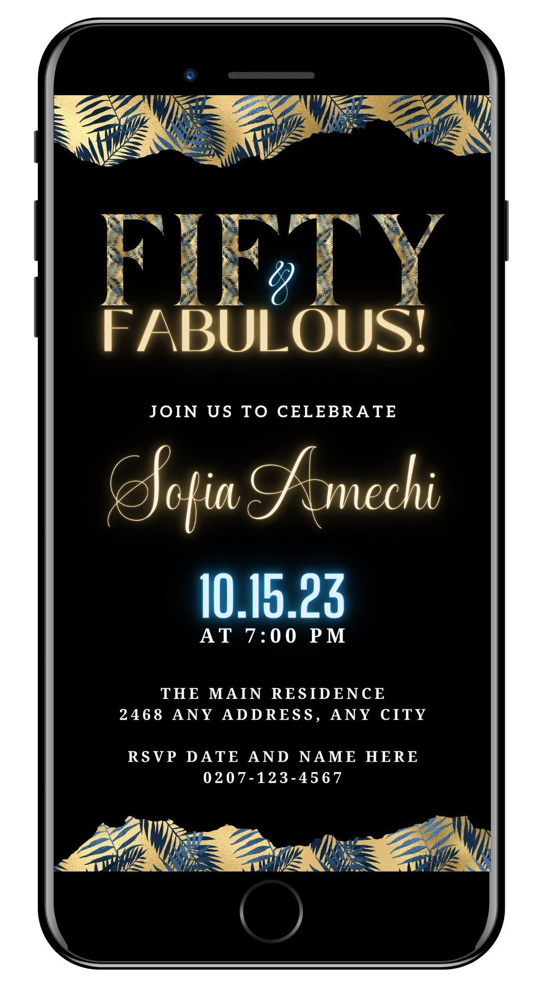 Gold Neon Tropical | Fifty & Fabulous Party Evite: Customizable black and gold digital invitation template, editable in Canva, ideal for modern milestone celebrations.