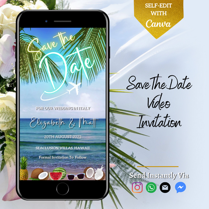 Tropical Fruit Beach Destination Save The Date Video Invitation displayed on a smartphone with a beach and flowers background. Customizable via Canva for easy event personalization.