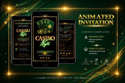 Casino Night Green & Gold Animated Invitation Suite