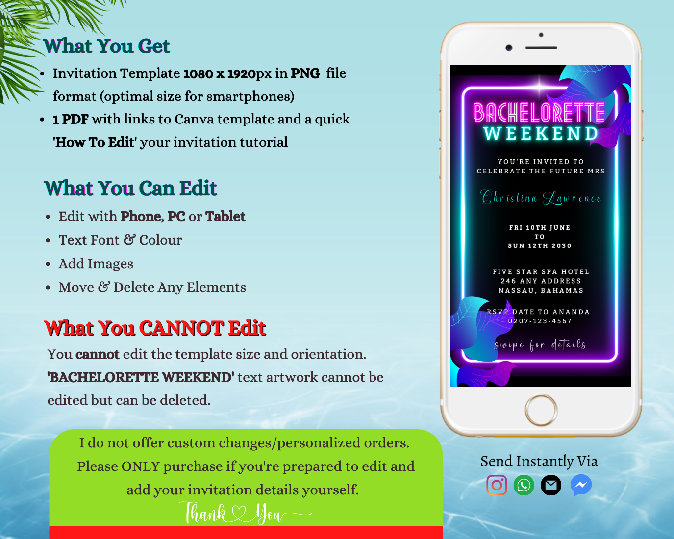 Neon Pink Aqua Black Bachelorette Weekend Evite displayed on a smartphone screen, customizable via Canva for easy event details personalization and digital sharing.