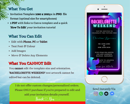 Neon Pink Aqua Black Bachelorette Weekend Evite displayed on a smartphone screen, customizable via Canva for easy event details personalization and digital sharing.