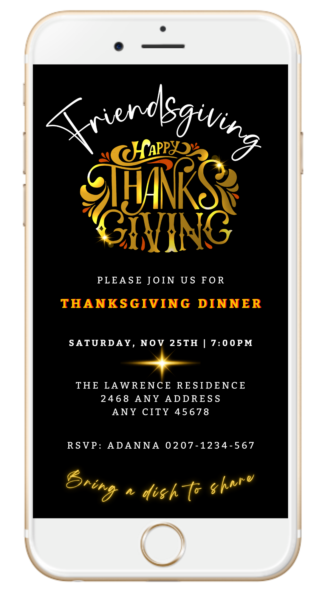 Phone displaying customizable Gold Red Neon Black Friendsgiving Thanksgiving Evite template with editable text for digital invitations via Canva.