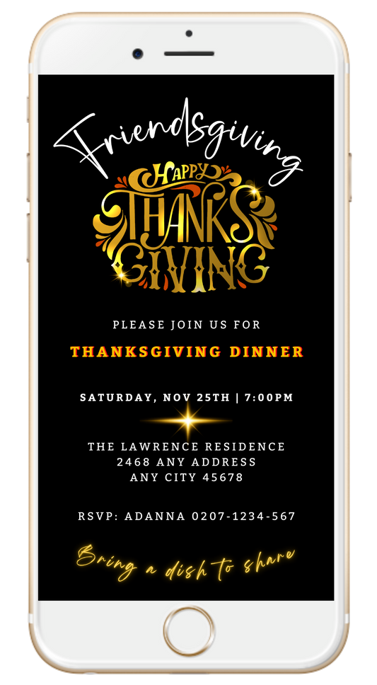 Phone displaying customizable Gold Red Neon Black Friendsgiving Thanksgiving Evite template with editable text for digital invitations via Canva.