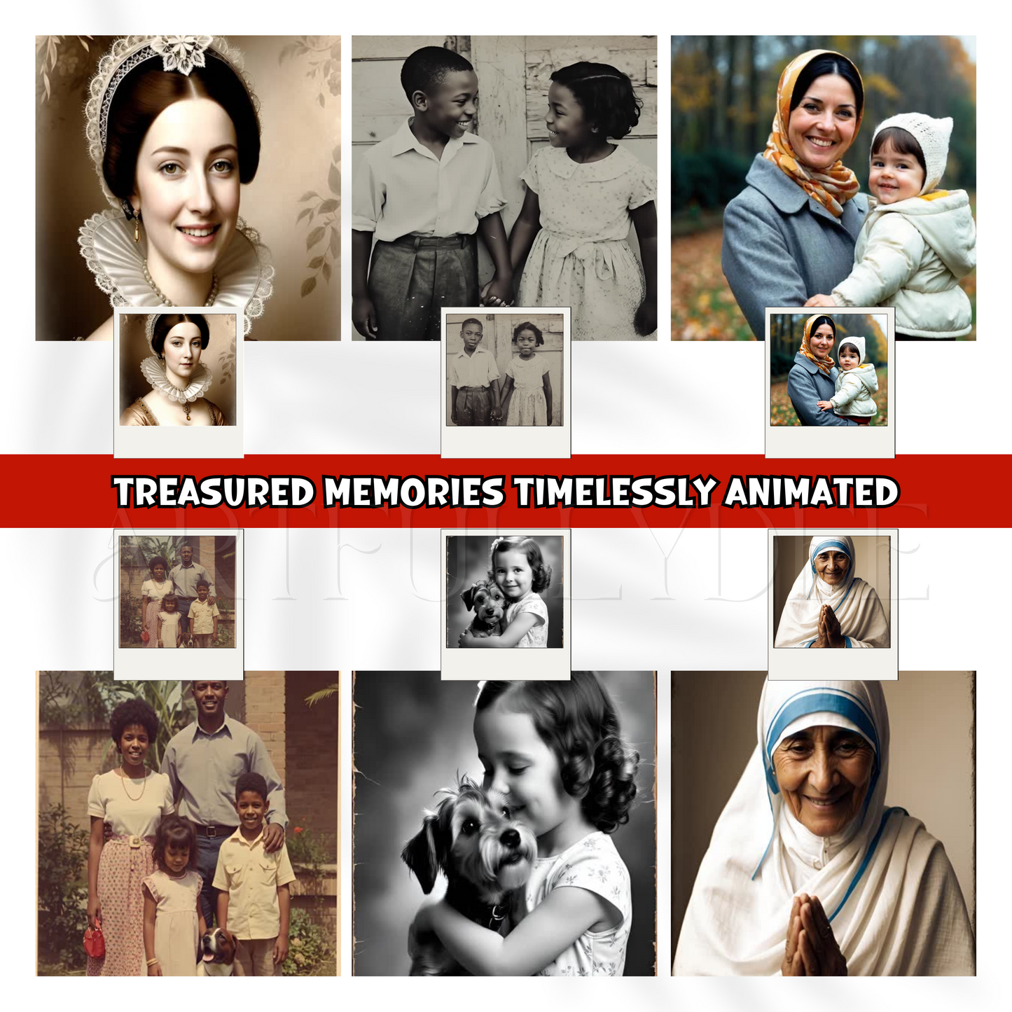 Extra Photo Add-On – Photo to Video Gift Service: Collage of vintage and modern portraits, showcasing enhanced memories, promoting personalized animation of additional photos for keepsake videos.