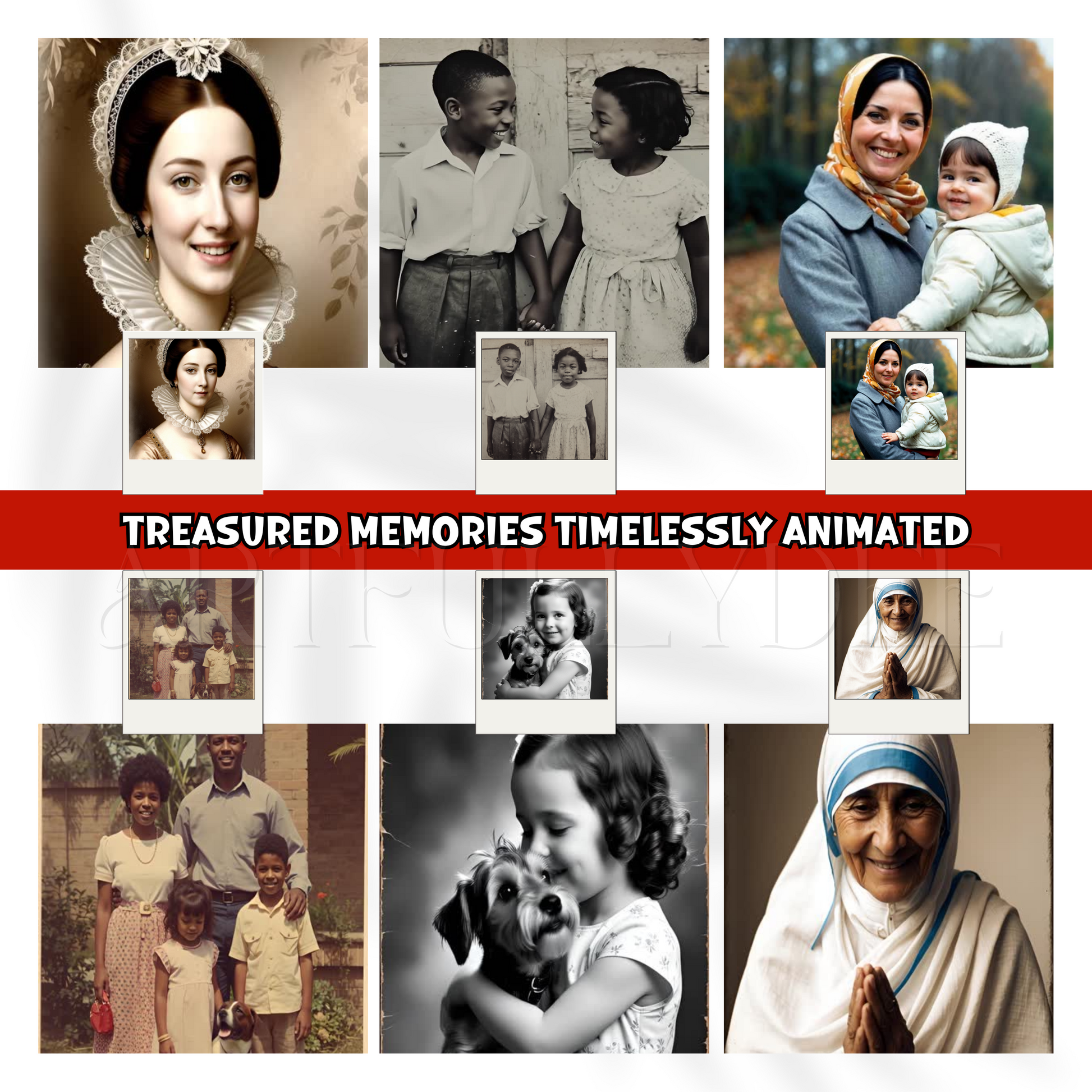 Extra Photo Add-On – Photo to Video Gift Service: Collage of vintage and modern portraits, showcasing enhanced memories, promoting personalized animation of additional photos for keepsake videos.