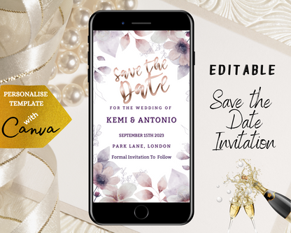 Boho Rustic Floral Save The Date Evite on a smartphone screen with a floral design, editable using Canva for digital invitations.