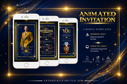 Blue Gold Neon Men’s Animated Birthday Invitation Suite With Photo