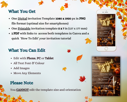 Phone displaying a Thanksgiving dinner invitation from URCordiallyInvited. Customize this eco-friendly digital template via Canva and share electronically.