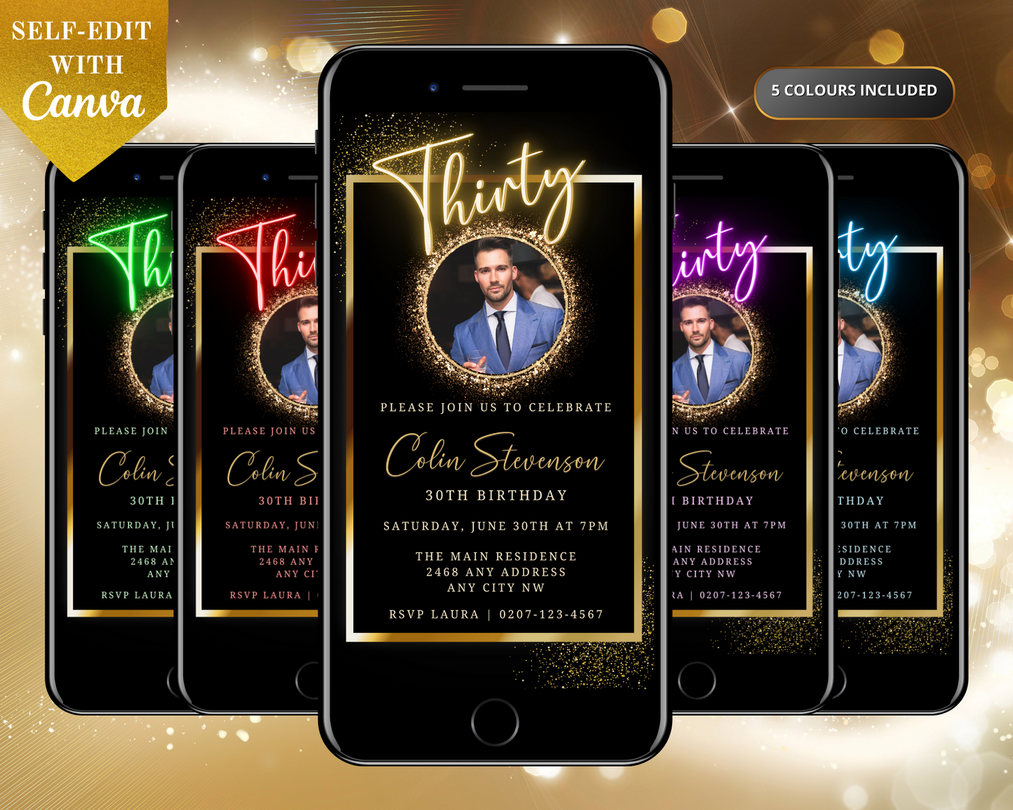 Customizable digital 30th party evite with black gold neon photo frame displayed on multiple smartphones, featuring a man in a suit holding a glass.