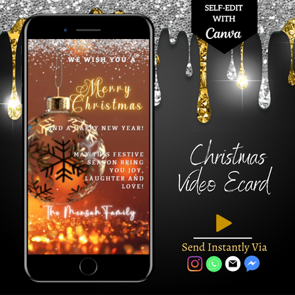 Gold Ball Glitter Christmas Video Ecard displayed on a smartphone screen, accompanied by decorative elements and text instructions for customization using Canva.