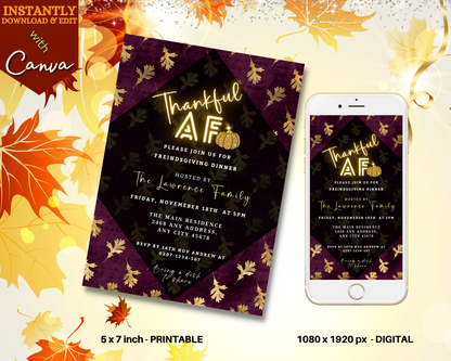 Maroon Gold Falling Leaves Thankful AF Thanksgiving Evite displayed on a smartphone alongside a matching invitation card.