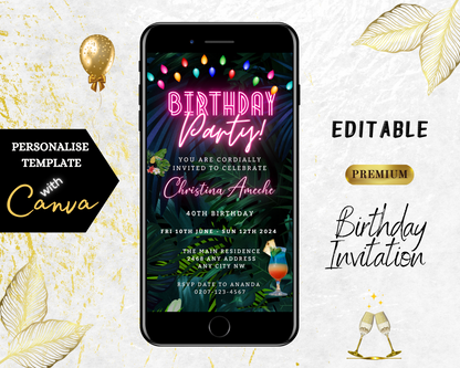 Customisable Digital Colourful Neon Pink Tropical Birthday Party Evite displayed on a smartphone screen, showcasing a vibrant, editable invitation template.