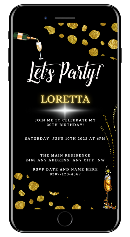 Black Leopard Gold Customisable Party Evite with editable text, featuring a sleek black and gold design for digital invitations.