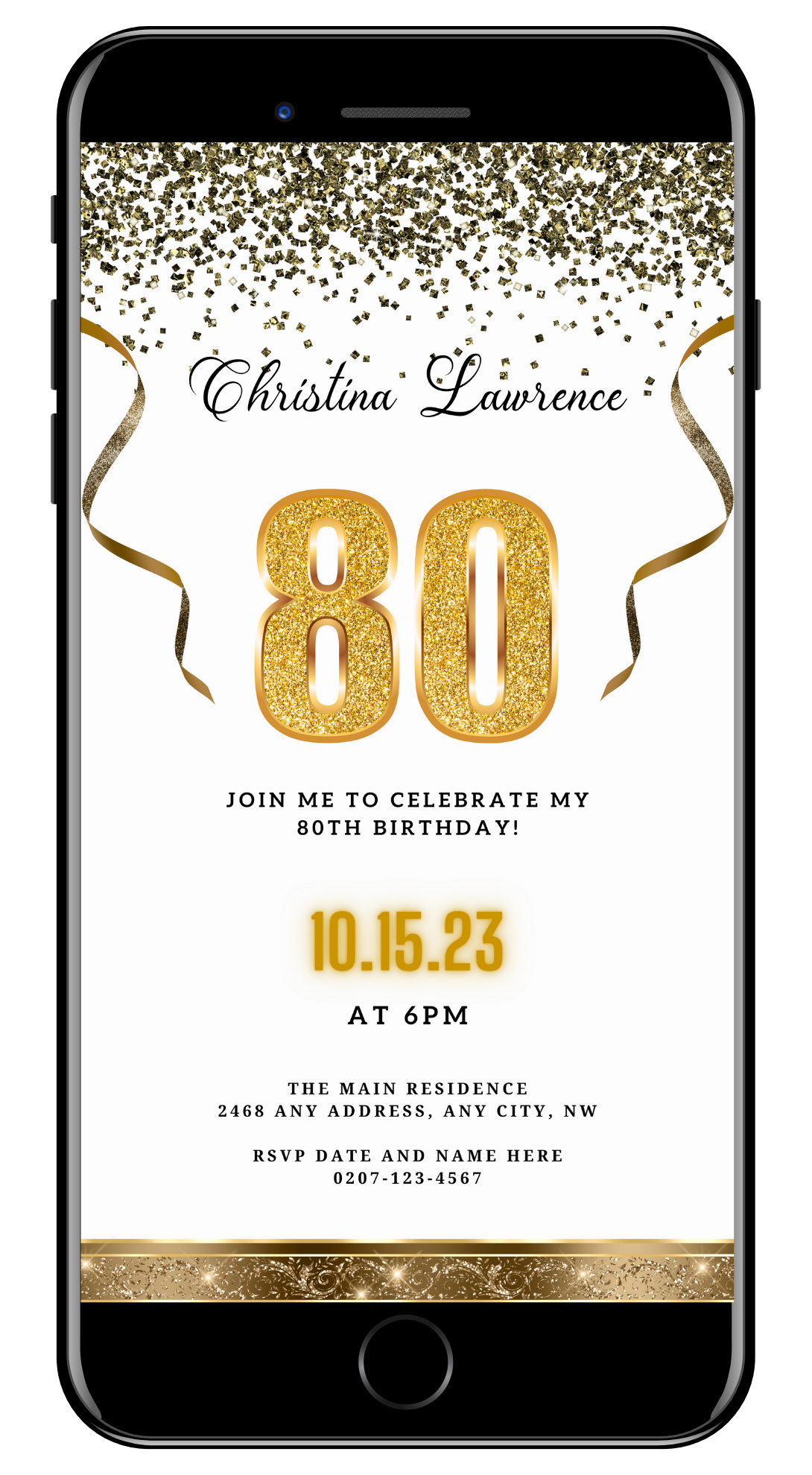 Customizable Digital White Gold Confetti 80th Birthday Evite displayed on smartphone, featuring gold text and ribbons. Ideal for easy personalization and electronic sharing via Canva.