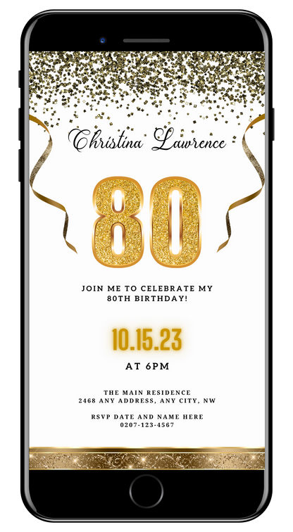 Customizable Digital White Gold Confetti 80th Birthday Evite displayed on smartphone, featuring gold text and ribbons. Ideal for easy personalization and electronic sharing via Canva.