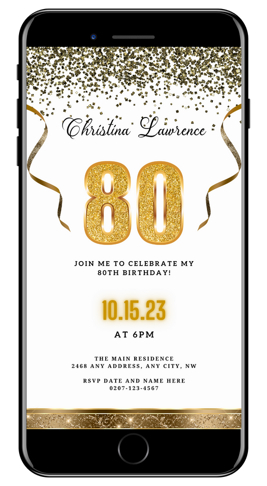 Customizable Digital White Gold Confetti 80th Birthday Evite displayed on smartphone, featuring gold text and ribbons. Ideal for easy personalization and electronic sharing via Canva.