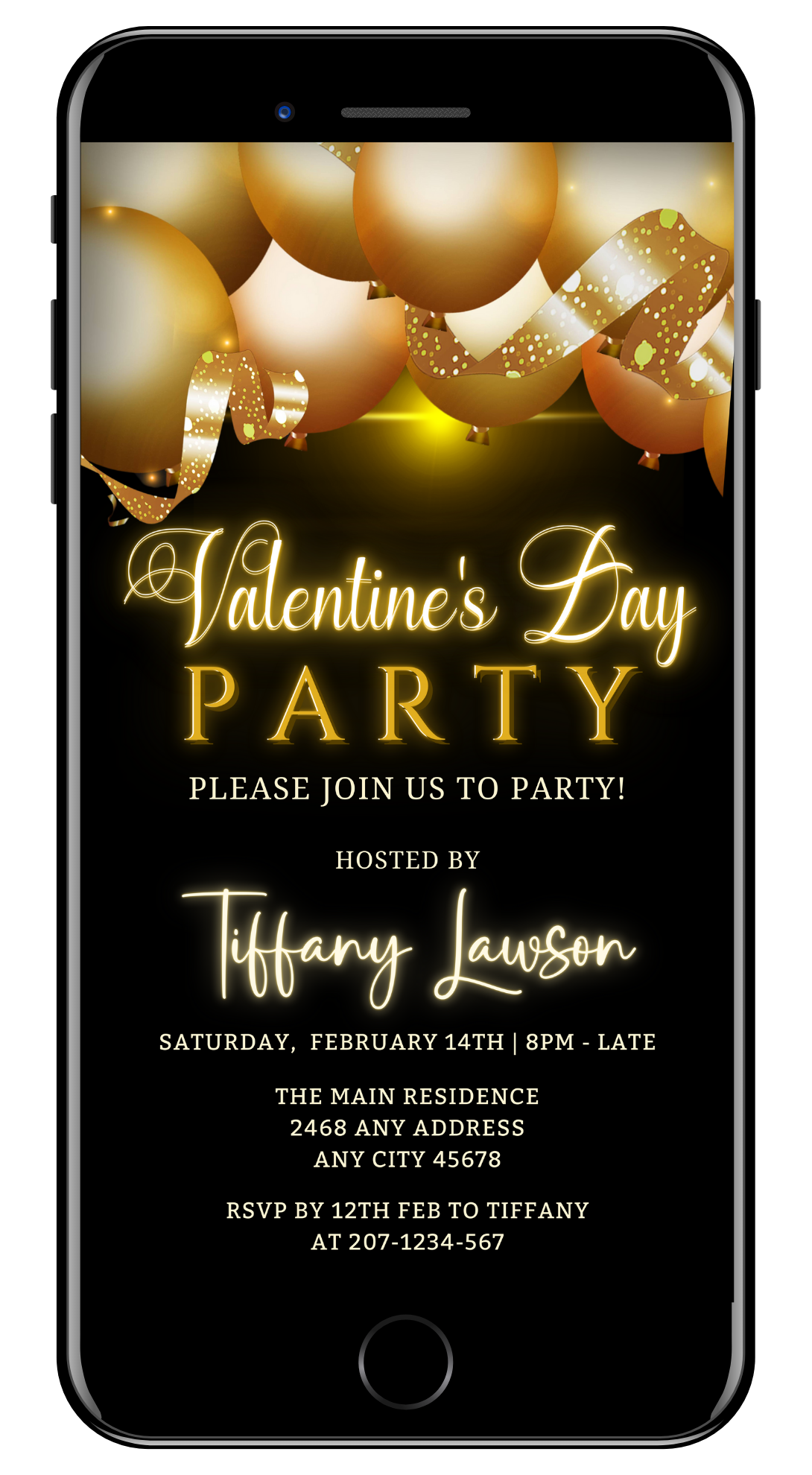 Black Gold Neon Balloons Valentines Day Party Evite displayed on a smartphone screen with gold balloons and ribbons.