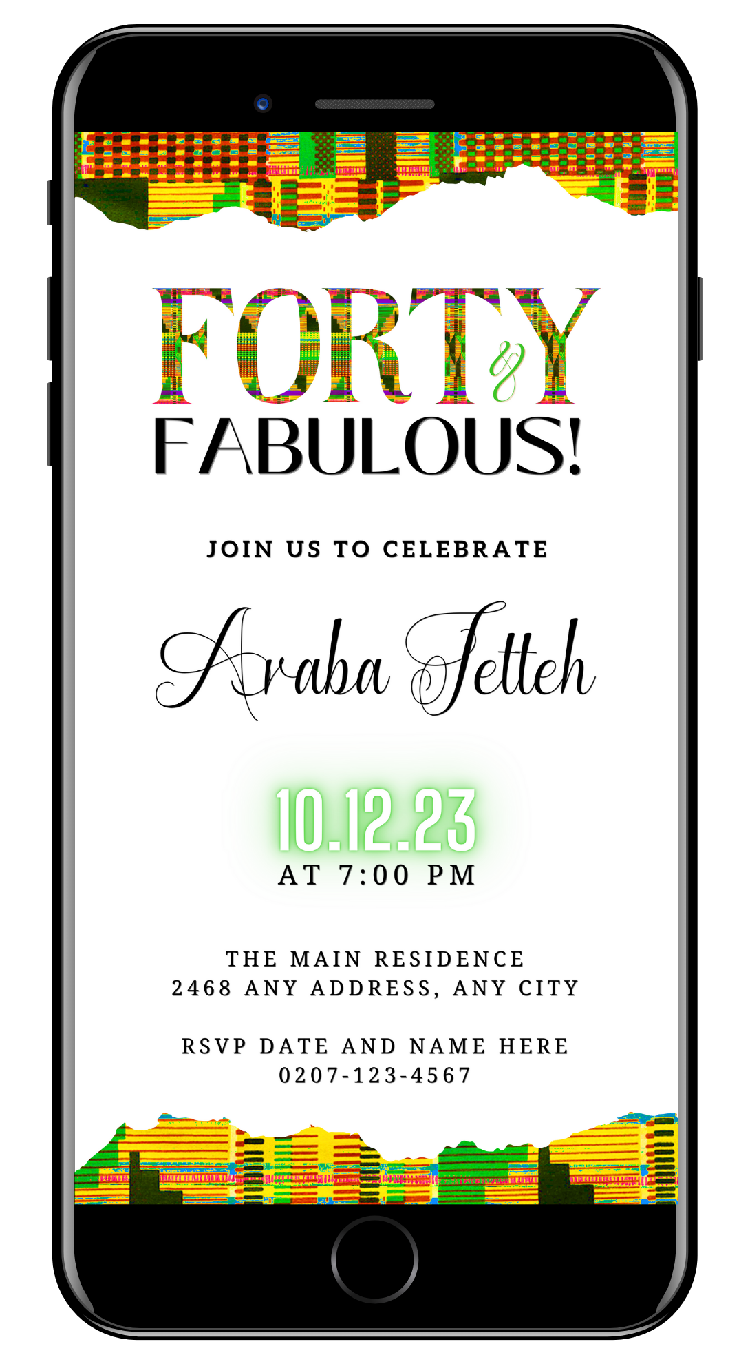 Digital invitation template displayed on a smartphone, titled Green Yellow Kente White | 40 & Fabulous Party Evite. Editable via Canva, featuring colorful text and customizable event details.