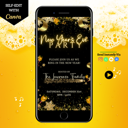 Champagne Theme Glitter New Year’s Eve Animated Party Invitation displayed on a mobile phone screen, showcasing elegant golden accents and celebratory design elements.