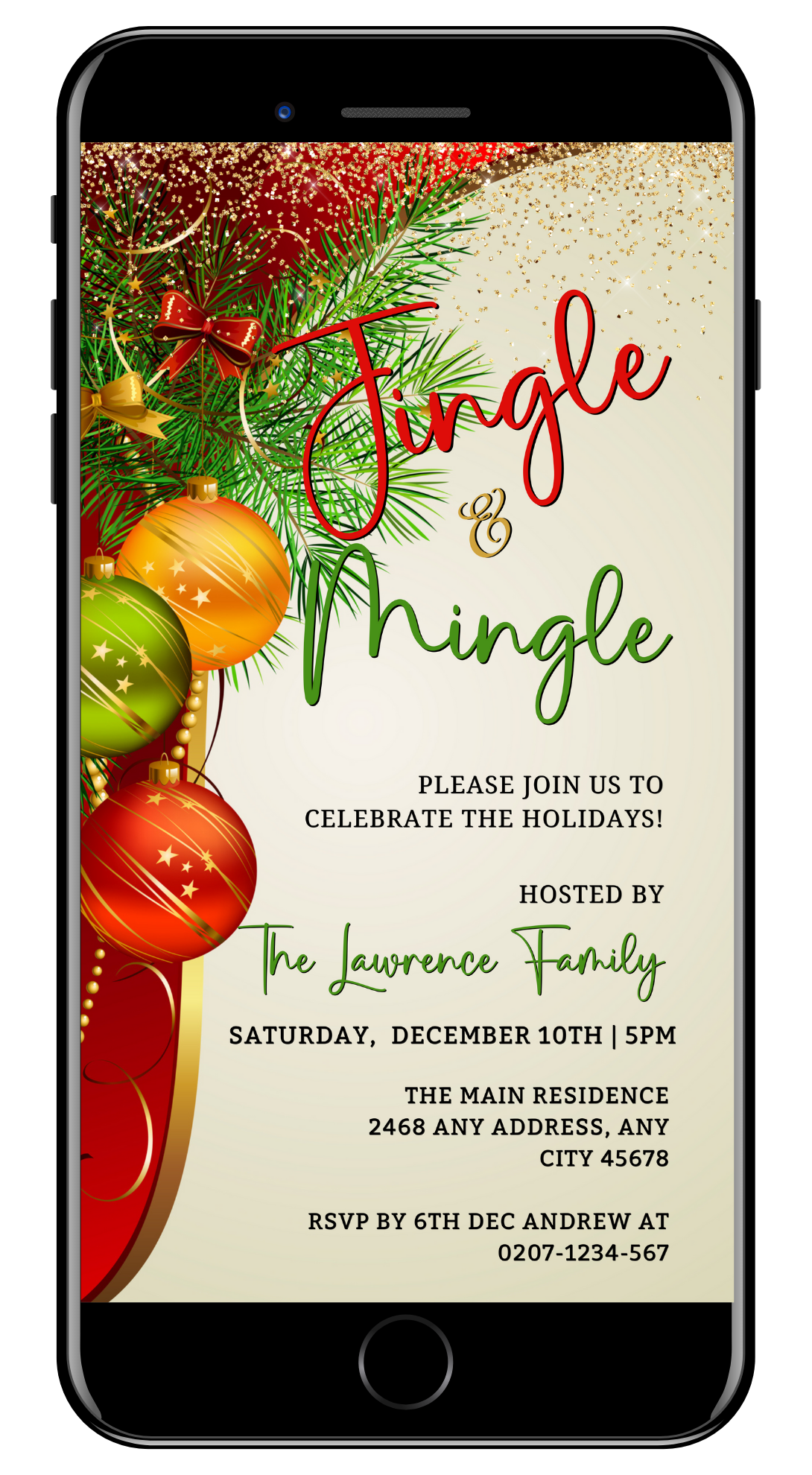 Editable Colourful Jingle & Mingle Christmas Party Evite displayed on a smartphone screen, featuring customizable holiday invitation text and festive ornaments.