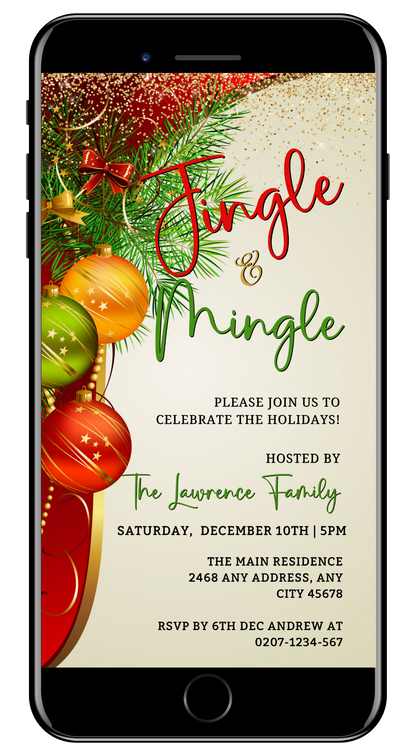 Editable Colourful Jingle & Mingle Christmas Party Evite displayed on a smartphone screen, featuring customizable holiday invitation text and festive ornaments.