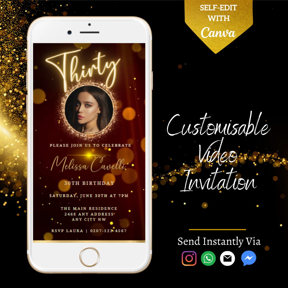 Customizable 30th Birthday Video Invite template for smartphones, featuring a woman's face and editable text. Perfect for digital sharing via email and messaging apps.