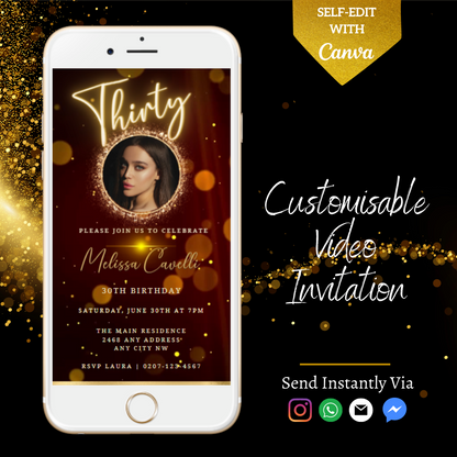 Customizable 30th Birthday Video Invite template for smartphones, featuring a woman's face and editable text. Perfect for digital sharing via email and messaging apps.