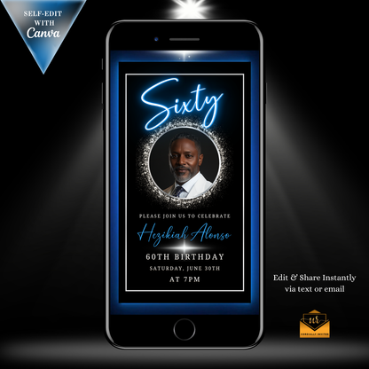 Blue & Silver 60th Birthday Video Invitation displayed on a smartphone, featuring an oval photo frame with a man's image, designed for customization via Canva.