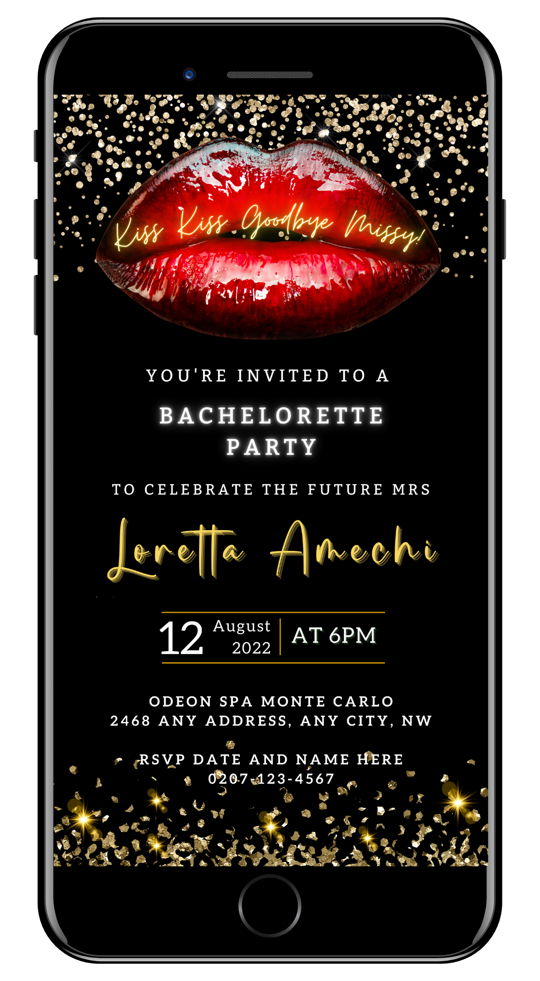 Hot Red Lips Gold Glitter Bachelorette Party Evite, displayed on a smartphone screen, featuring customizable text and design elements.