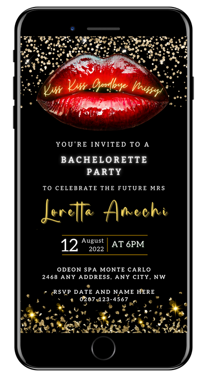 Hot Red Lips Gold Glitter Bachelorette Party Evite, displayed on a smartphone screen, featuring customizable text and design elements.