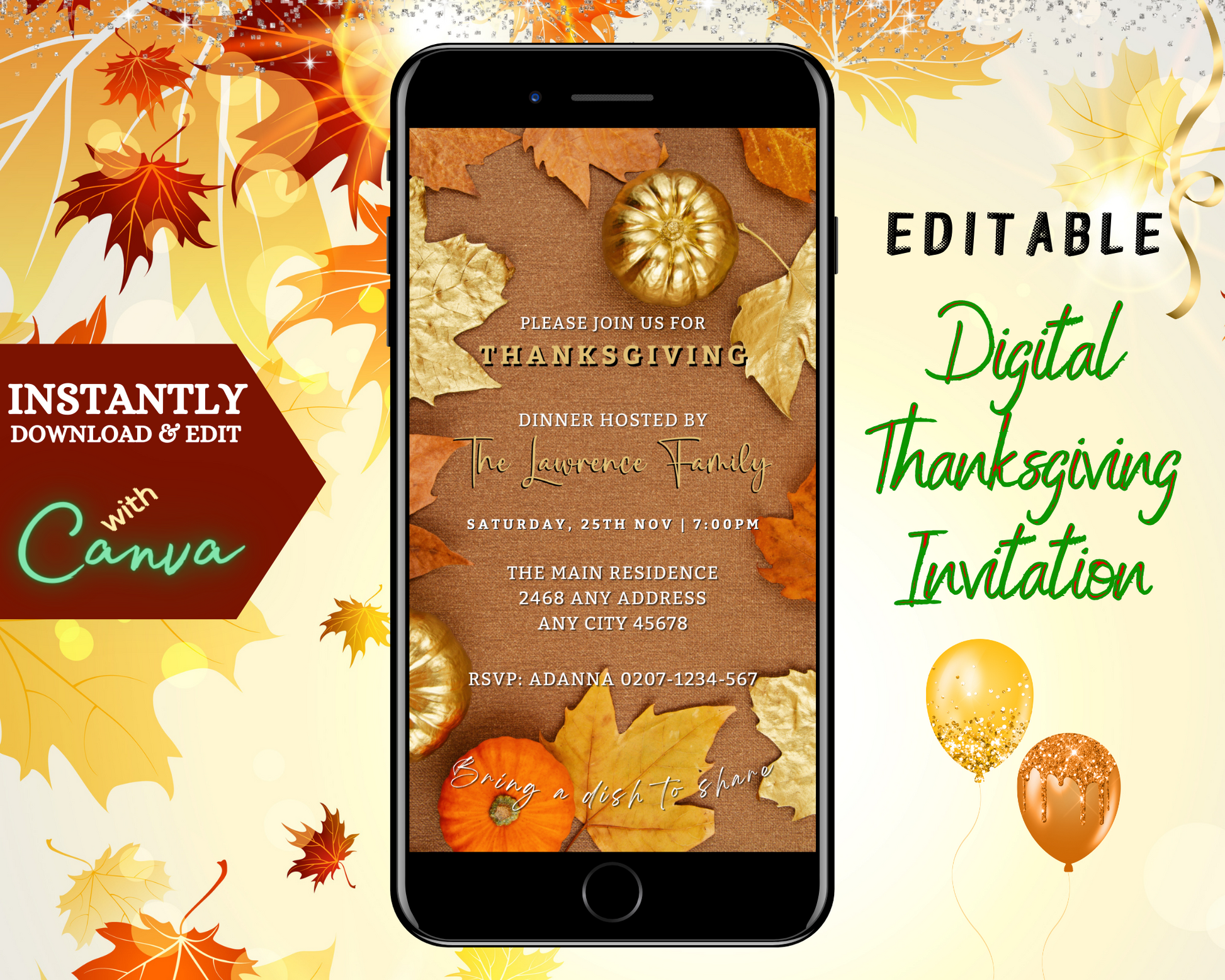 A mobile phone displaying a customizable Beige Gold Leaves Pumpkin Thanksgiving Evite template from URCordiallyInvited.