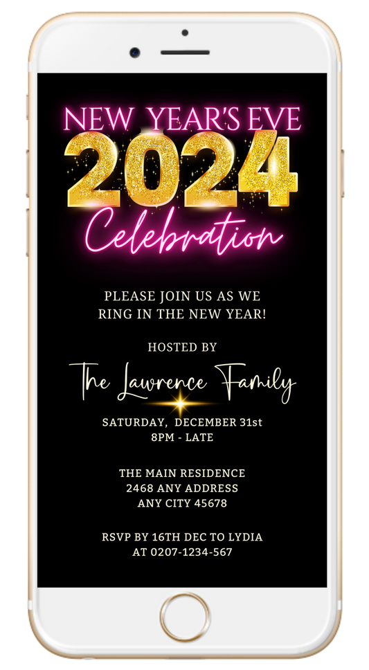 Gold Pink Neon Glow | New Years 2024 Party Evite