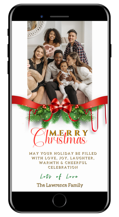 Smartphone displaying a family photo with a digital red bow ornament, part of the Merry Christmas Greeting Ecard for customizable invitations.