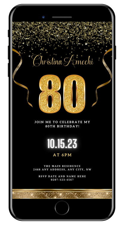 Black Gold Confetti | 80th Birthday Evite featuring customizable text on a black background with gold glittery details and ribbon.