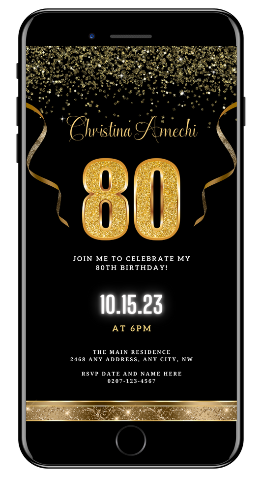 Black Gold Confetti | 80th Birthday Evite featuring customizable text on a black background with gold glittery details and ribbon.