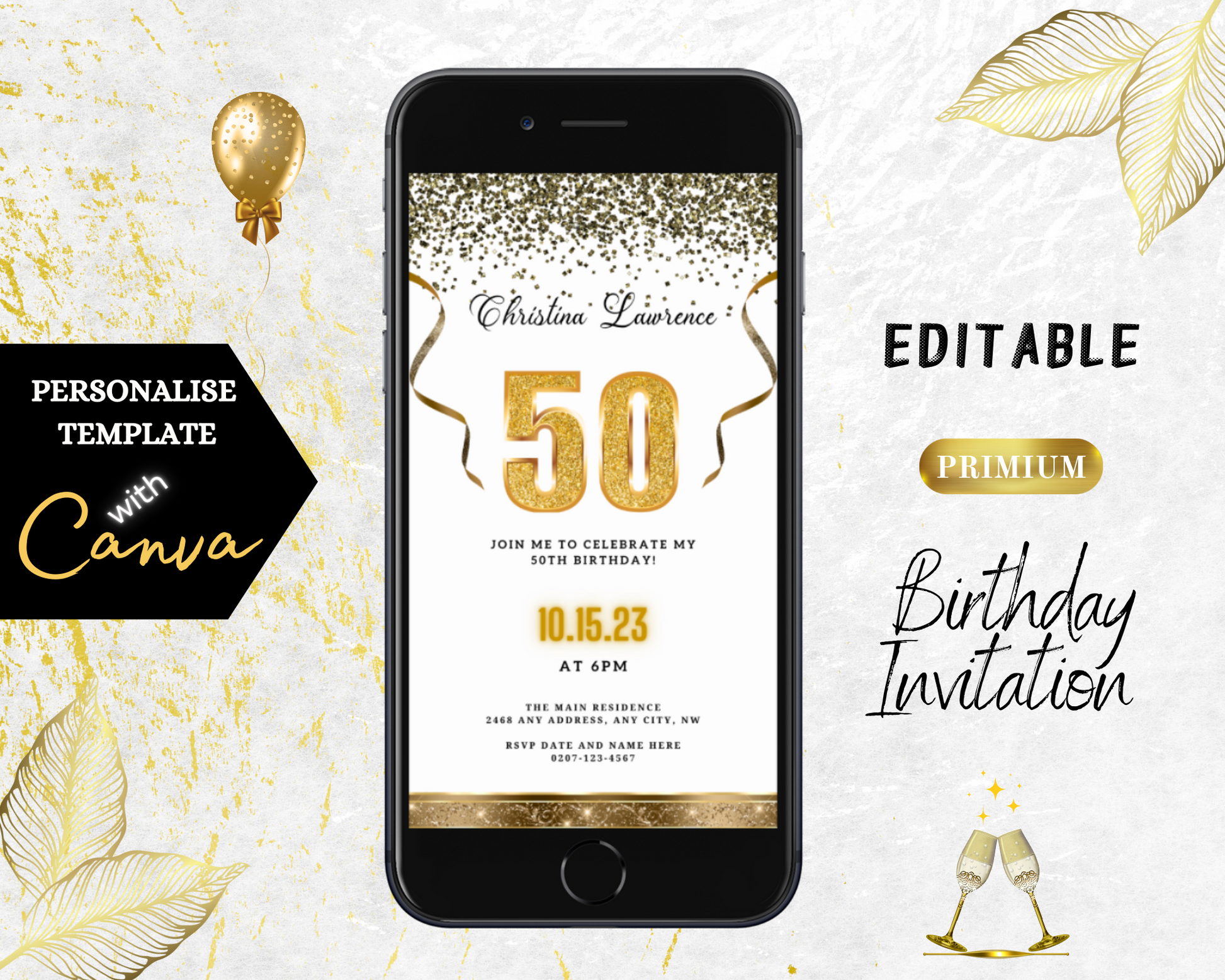 Customizable Digital White Gold Confetti 50th Birthday Evite displayed on a smartphone, showcasing editable text and design elements for a personalized invitation.