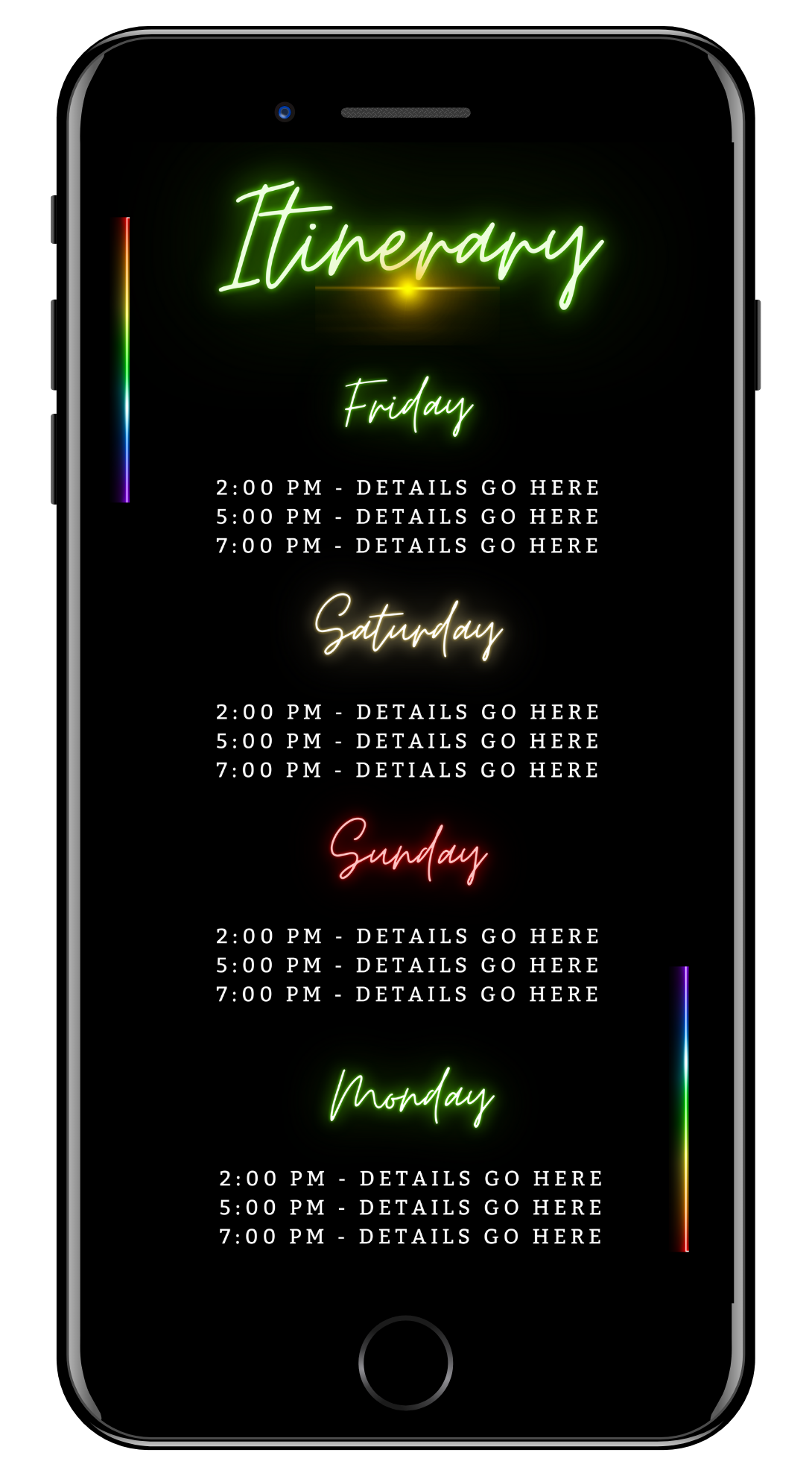 Jamaica Colourful Neon | Getaway Party Evite displayed on a smartphone screen with customizable text and neon-themed design elements.
