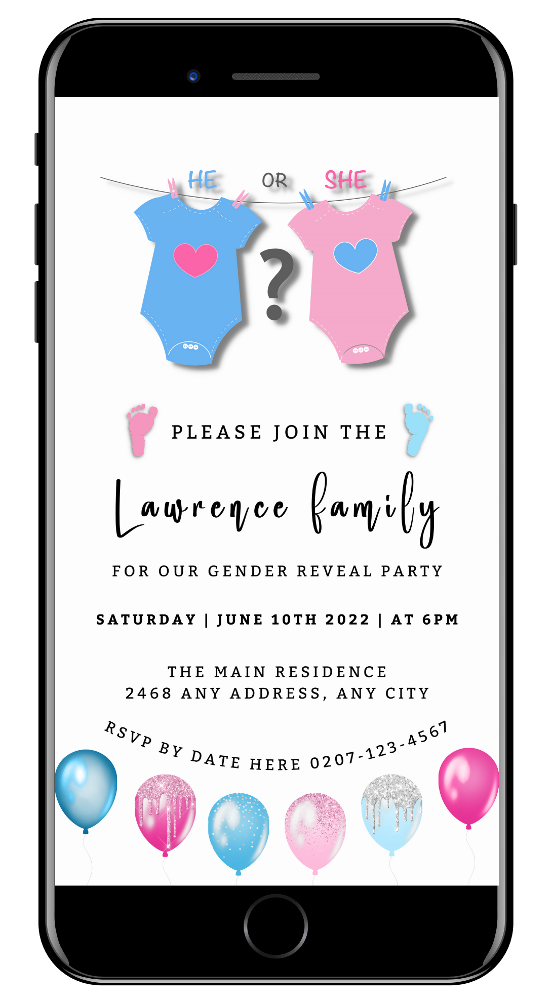 Customizable digital baby shower invitation displayed on a smartphone, featuring pink and blue baby clothes with hearts.