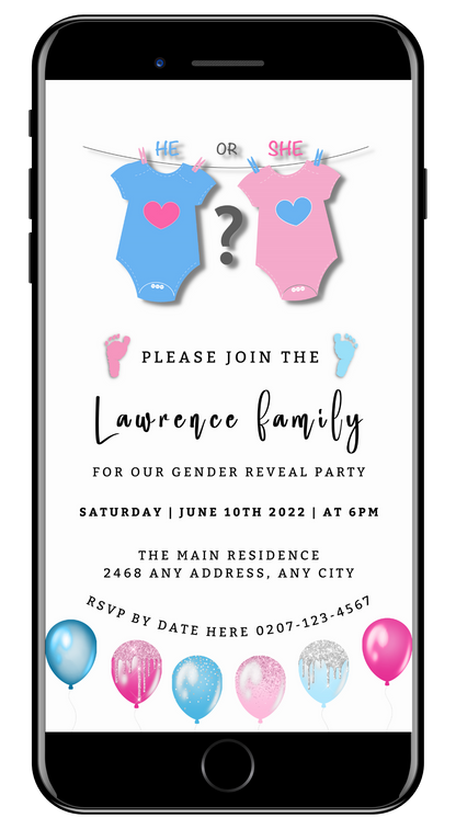 Customizable digital baby shower invitation displayed on a smartphone, featuring pink and blue baby clothes with hearts.